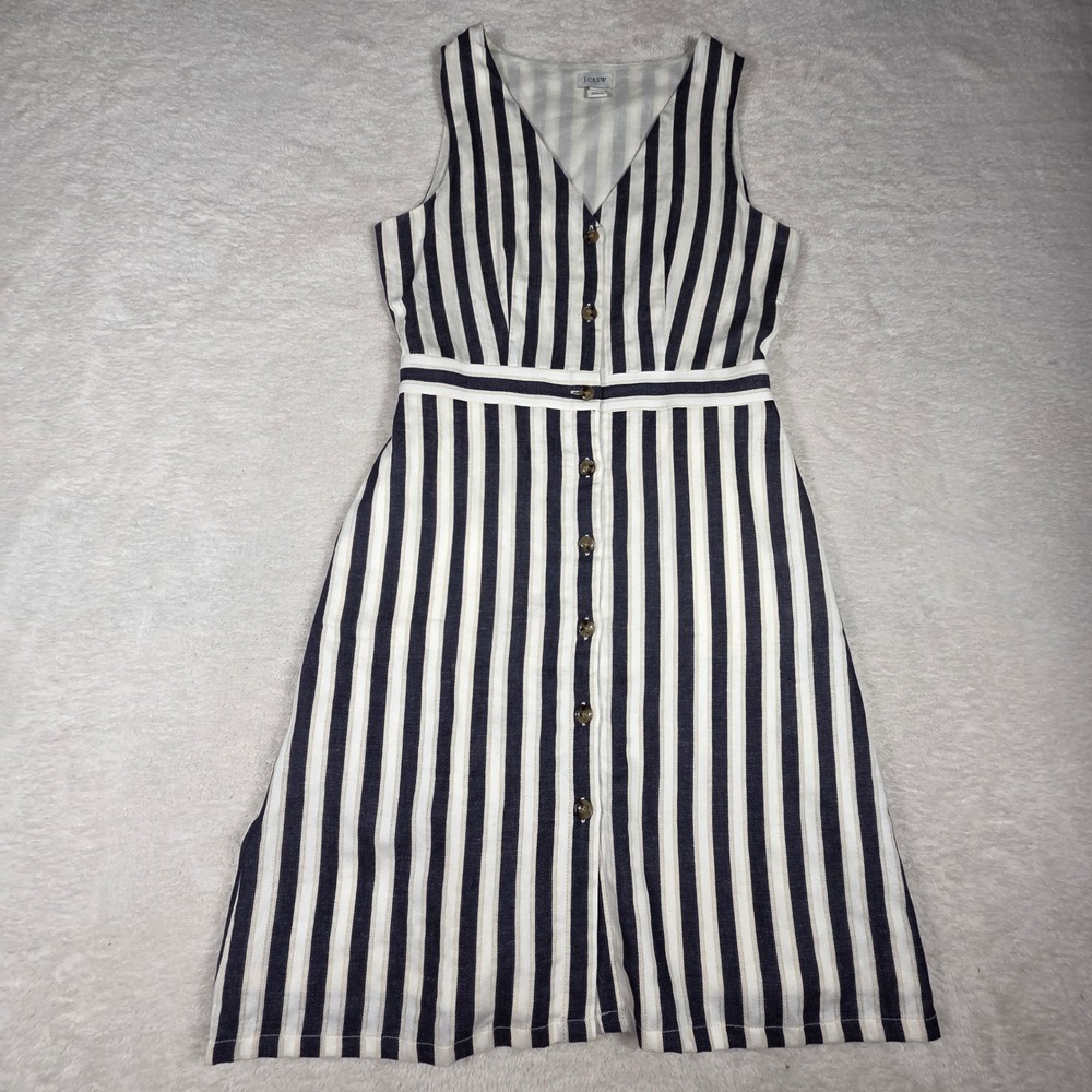 J.Crew Striped Button Front Midi Dress Womens 2 Blue White Cotton L6978 Linen